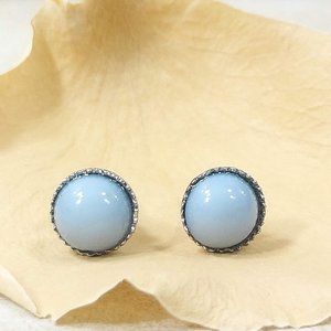 Silver Round Stud Earrings Blue Stone Vintage Jewelry Jewel Trinket Gift for Her